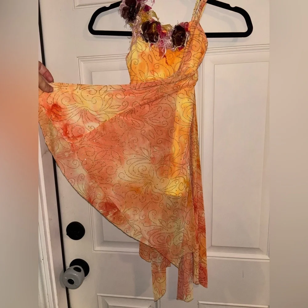 Revolution Dancewear Orange Glitter Tulle Lyrical Dance Costume asymmetrical